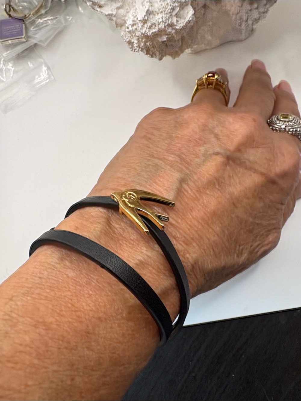 Alexander McQueen Black Double-Wrap Leather Bracelet with Gold Signature Dove